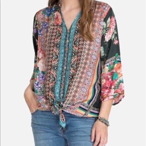Johnny Was Size Small Multicolor Oversized Floral Silk Blouse Patchwork Boho - Picture 1 of 9